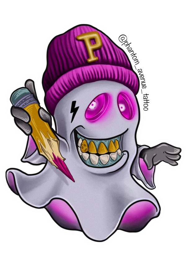 Phantom Avenue ghost mascot holding a tattoo needle